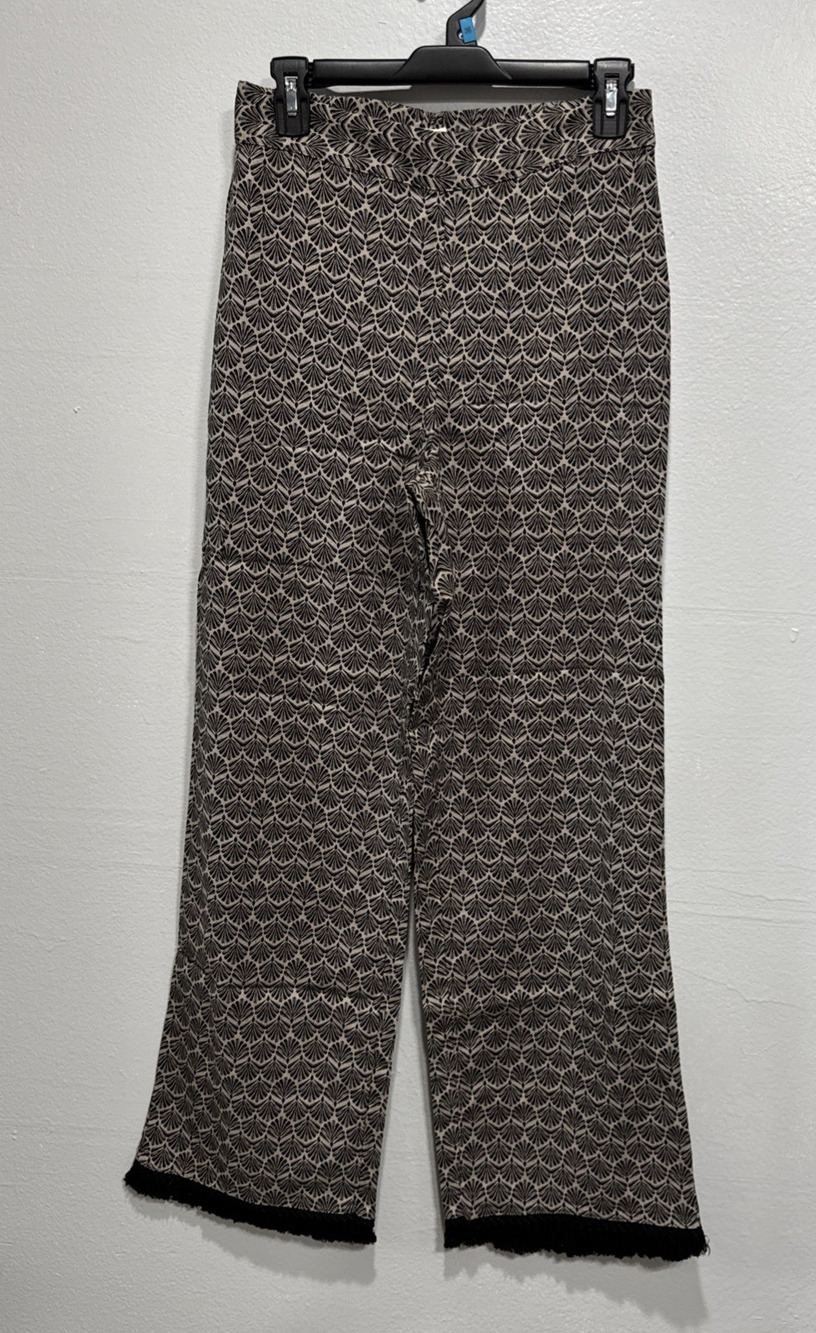 Isaac Mizrahi Bridgehampton Linen Blend Pants Fringe Hem Brown Black Sz 2 Boho